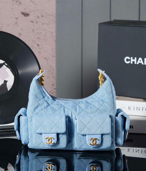 Chanel AS5339 Small Hobo Shiny Denim & Gold-Tone Metal Light blue - Default Title - View 1