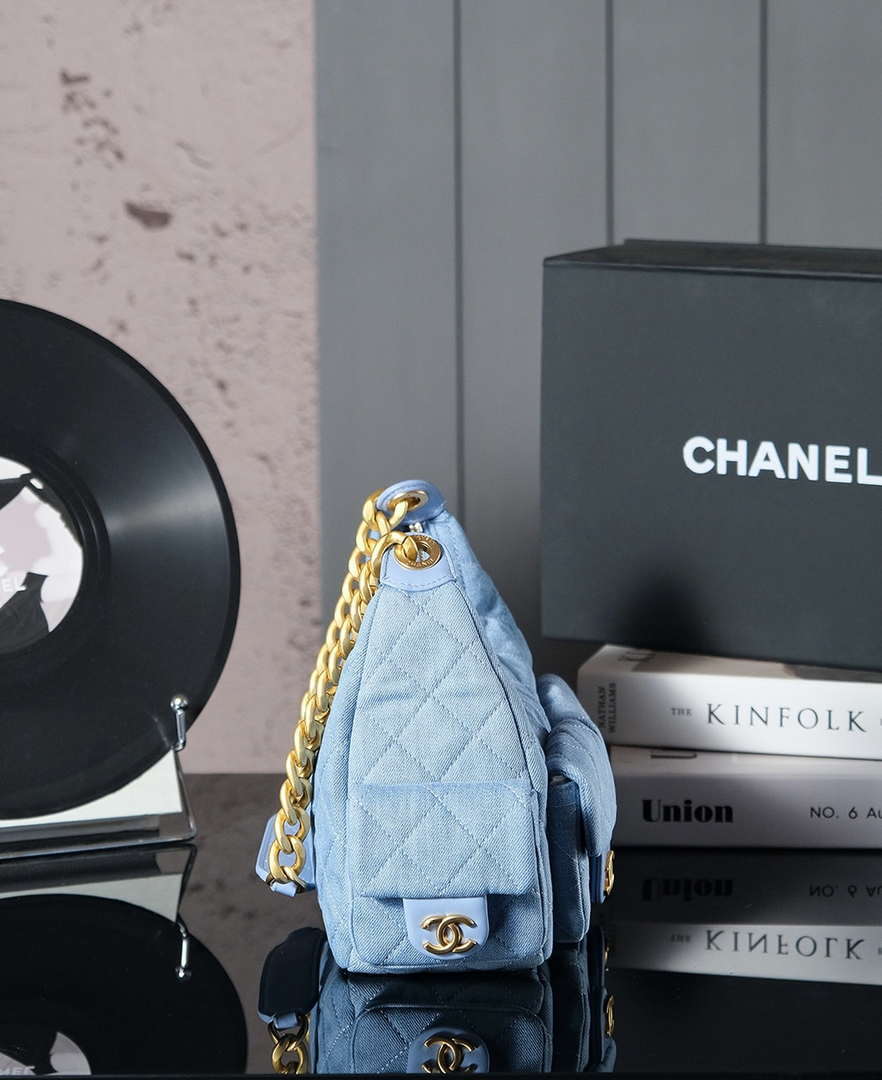 Chanel AS5339 Small Hobo Shiny Denim & Gold-Tone Metal Light blue