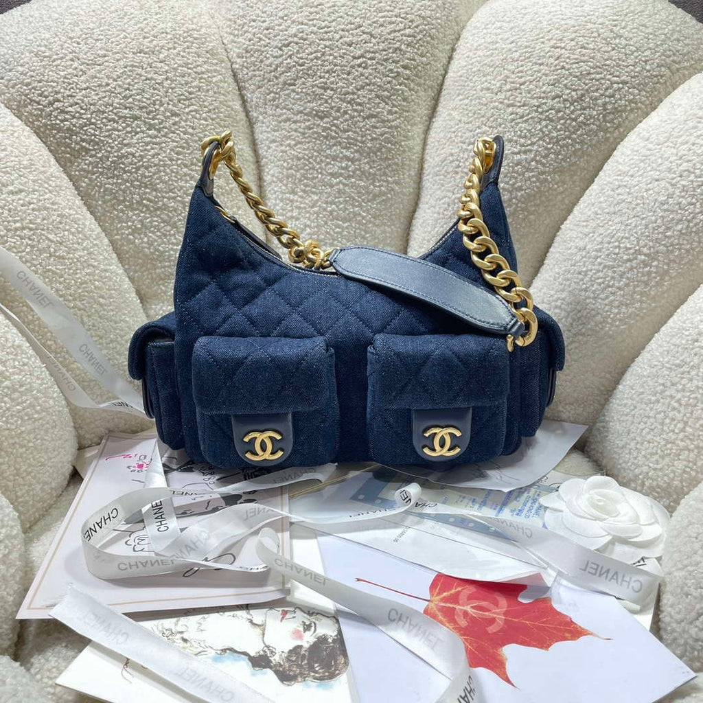 Chanel AS5339 Small Hobo Shiny Denim & Gold-Tone Metal Dark blue