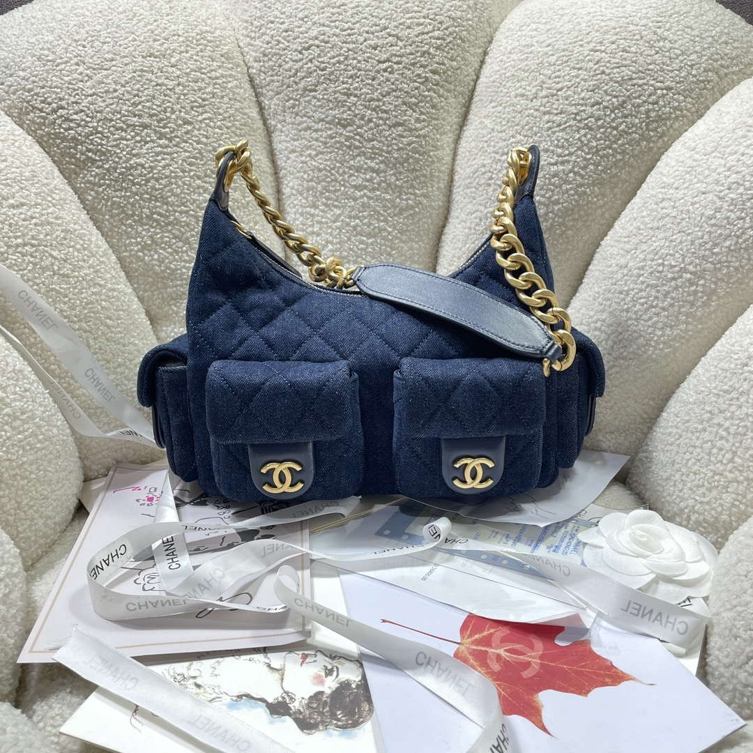 Chanel AS5339 Small Hobo Shiny Denim & Gold-Tone Metal Dark blue - Default Title - View 1