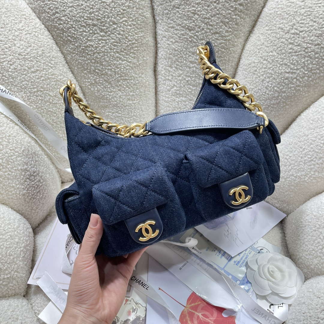 Chanel AS5339 Small Hobo Shiny Denim & Gold-Tone Metal Dark blue - Default Title - View 2