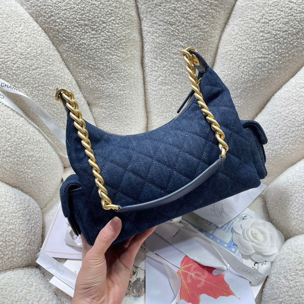 Chanel AS5339 Small Hobo Shiny Denim & Gold-Tone Metal Dark blue