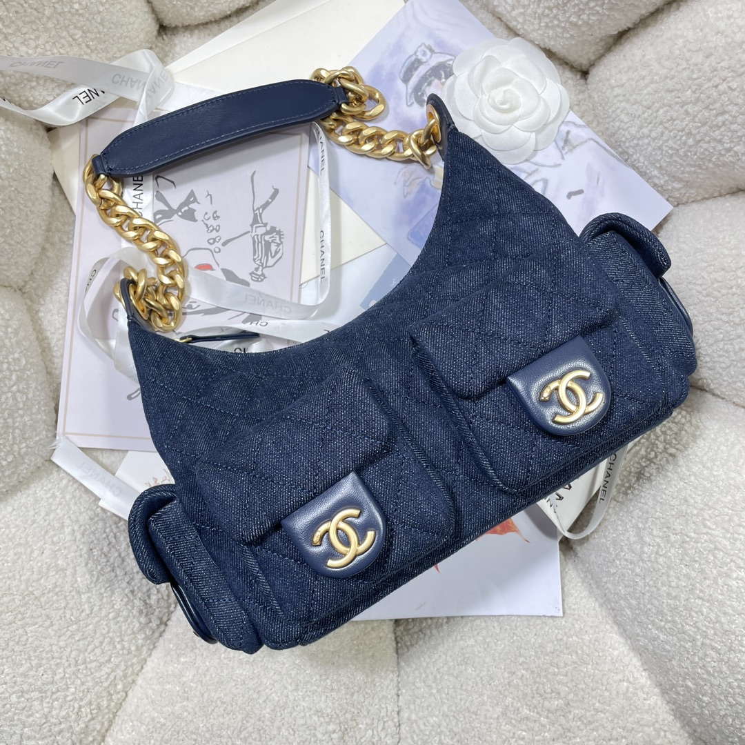 Chanel AS5339 Small Hobo Shiny Denim & Gold-Tone Metal Dark blue
