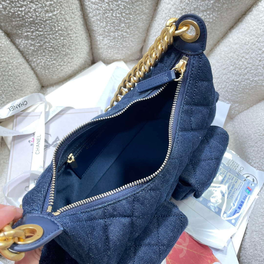 Chanel AS5339 Small Hobo Shiny Denim & Gold-Tone Metal Dark blue