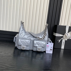 Chanel AS5339 Small Hobo Shiny Lambskin & Silver-Tone Metal Silver - Default Title - View 1