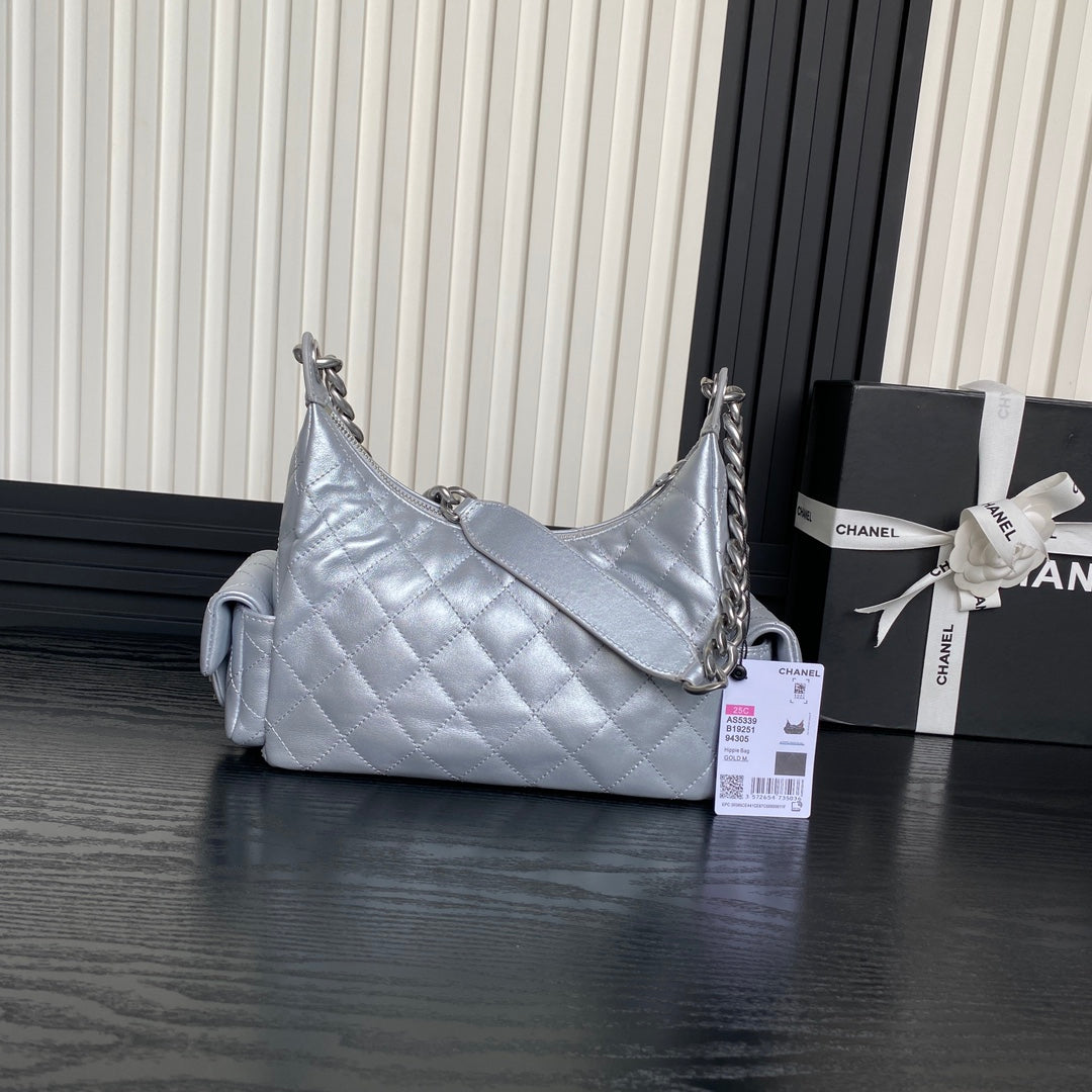 Chanel AS5339 Small Hobo Shiny Lambskin & Silver-Tone Metal Silver