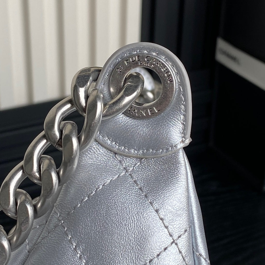 Chanel AS5339 Small Hobo Shiny Lambskin & Silver-Tone Metal Silver