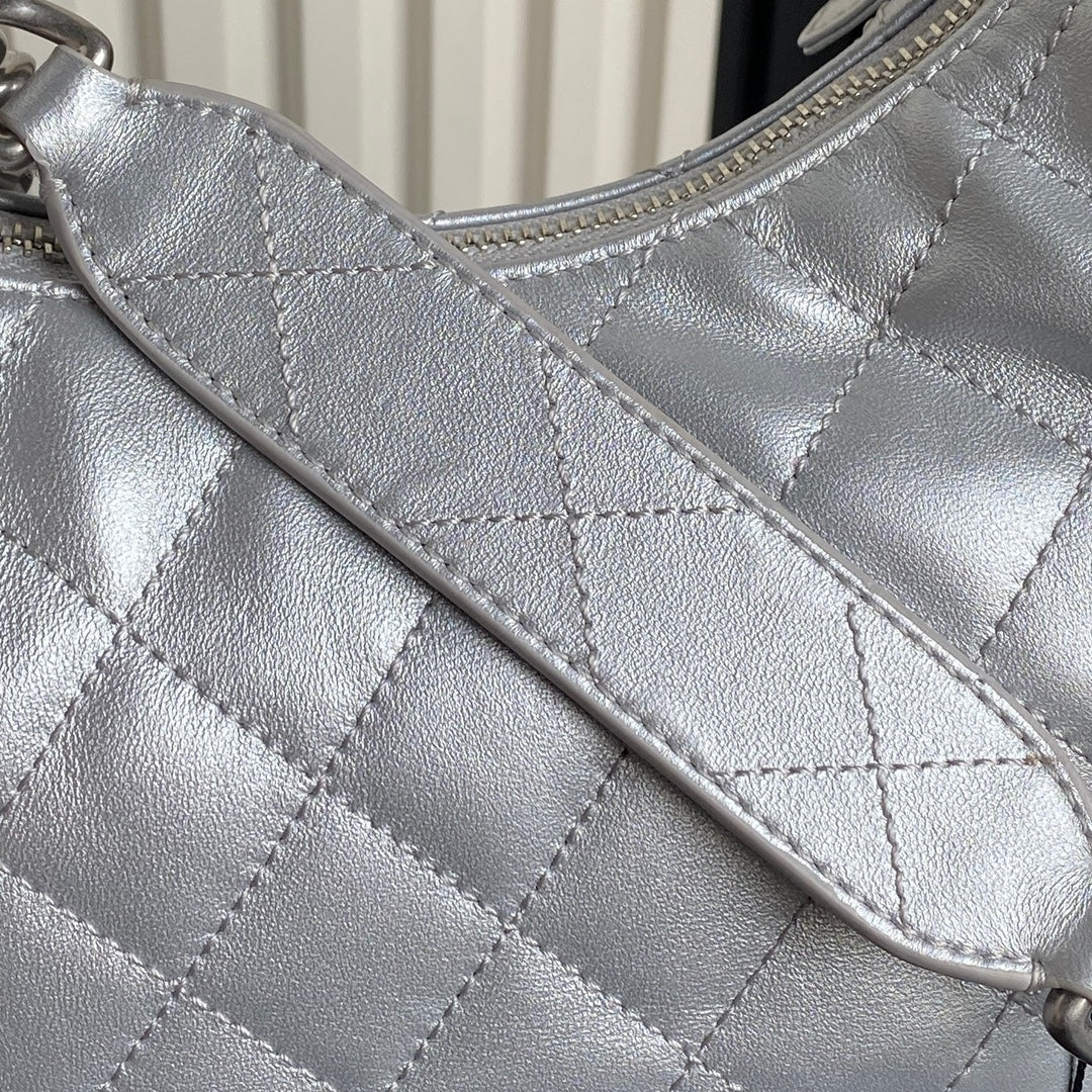 Chanel AS5339 Small Hobo Shiny Lambskin & Silver-Tone Metal Silver