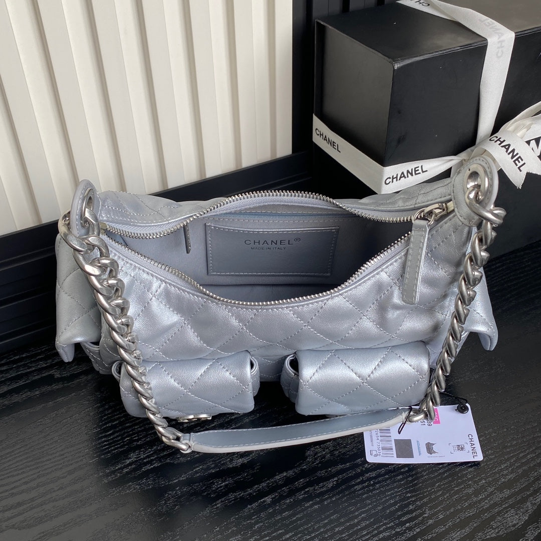 Chanel AS5339 Small Hobo Shiny Lambskin & Silver-Tone Metal Silver - Default Title - View 7