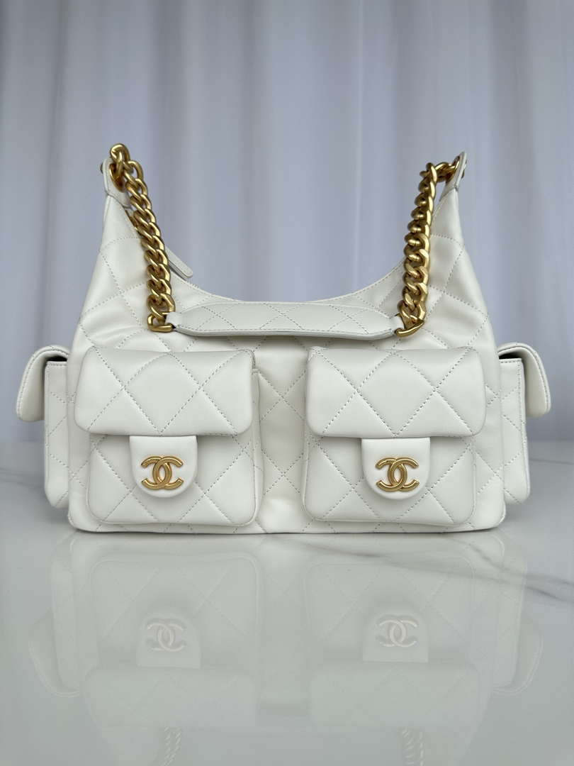 Chanel AS5339 Small Hobo Shiny Lambskin & Gold-Tone Metal White