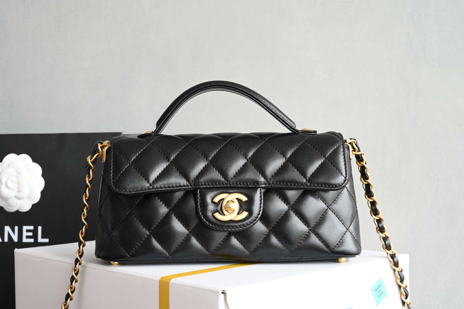 Chanel 25SS AS5354 Mini Flap Bag with Top Handle Lambskin Black