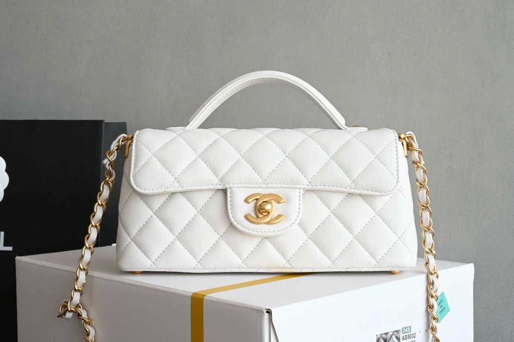 Chanel 25SS AS5354 Mini Flap Bag with Top Handle Lambskin White