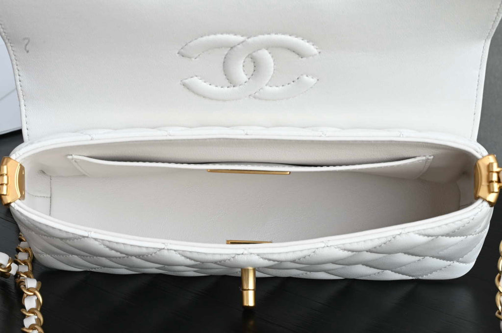 Chanel 25SS AS5354 Mini Flap Bag with Top Handle Lambskin White