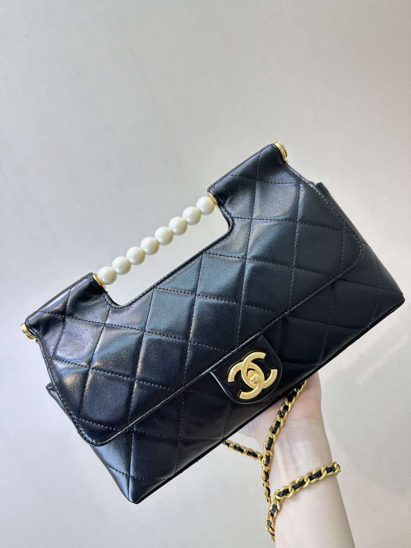 Chanel AS5390 25P Limited Edition Pearl Handle Flap Bag Black Lambskin