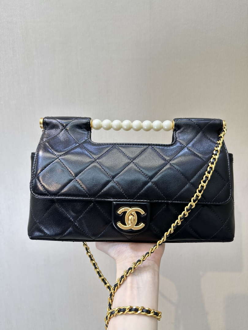 Chanel AS5390 25P Limited Edition Pearl Handle Flap Bag Black Lambskin