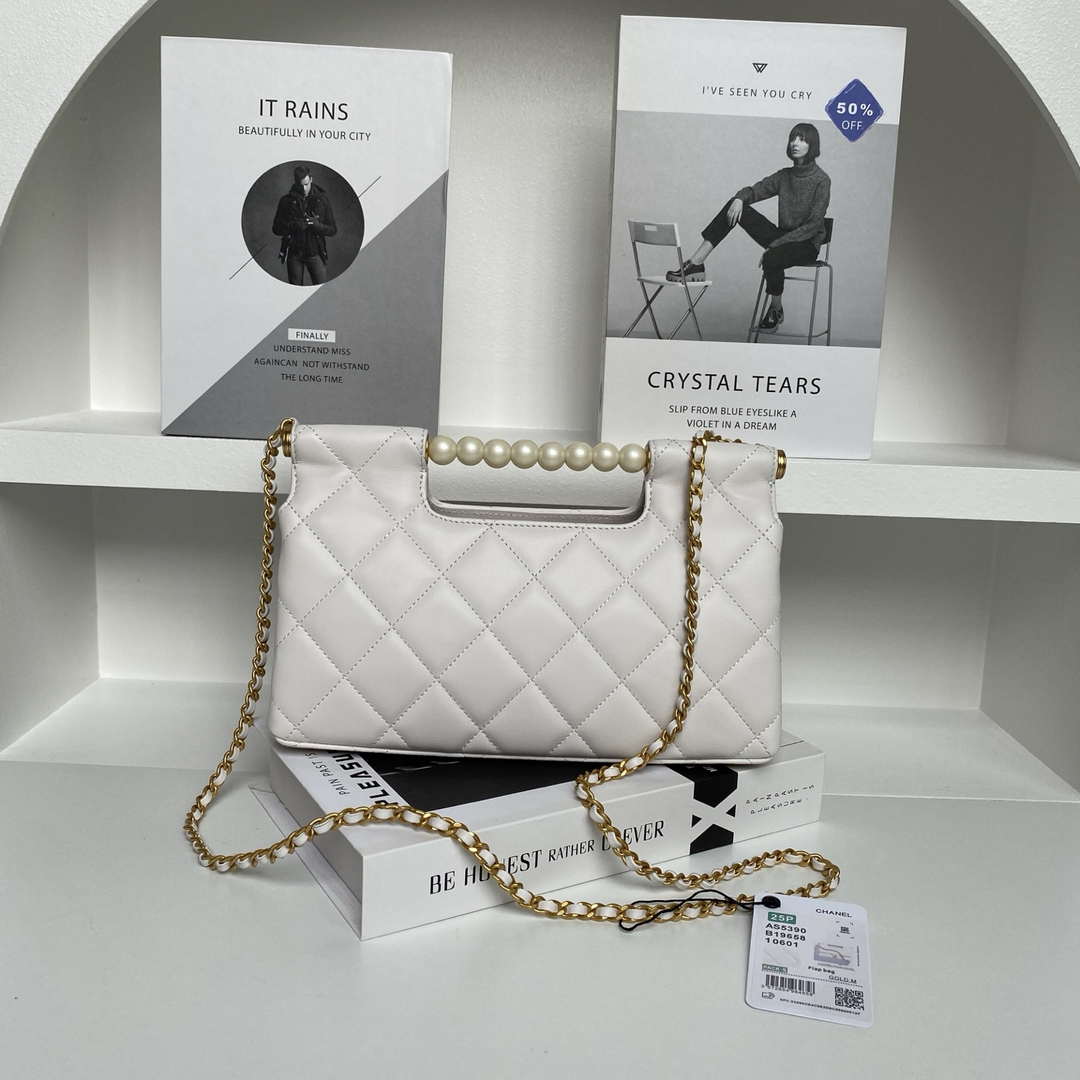 Chanel AS5390 25P Limited Edition Pearl Handle Flap Bag White Lambskin