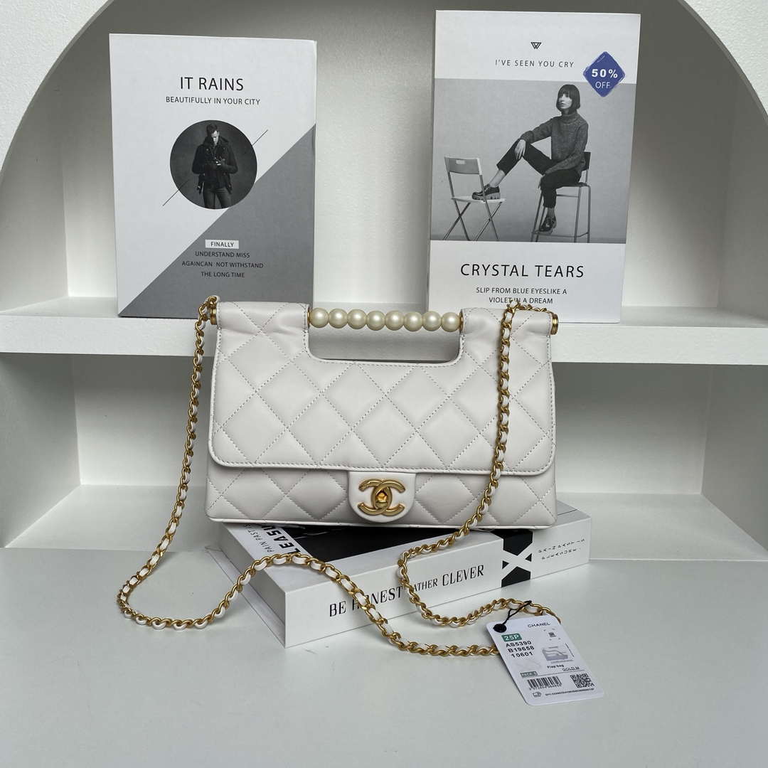 Chanel AS5390 25P Limited Edition Pearl Handle Flap Bag White Lambskin - Default Title - View 1
