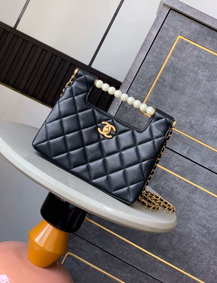 Chanel AS5413 25P Limited Edition Pearl Small Tote  Bag Black Lambskin
