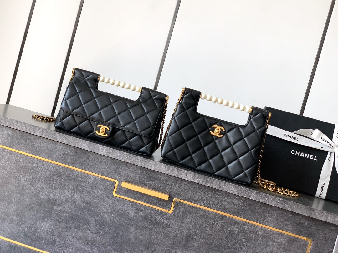 Chanel AS5413 25P Limited Edition Pearl Small Tote  Bag Black Lambskin