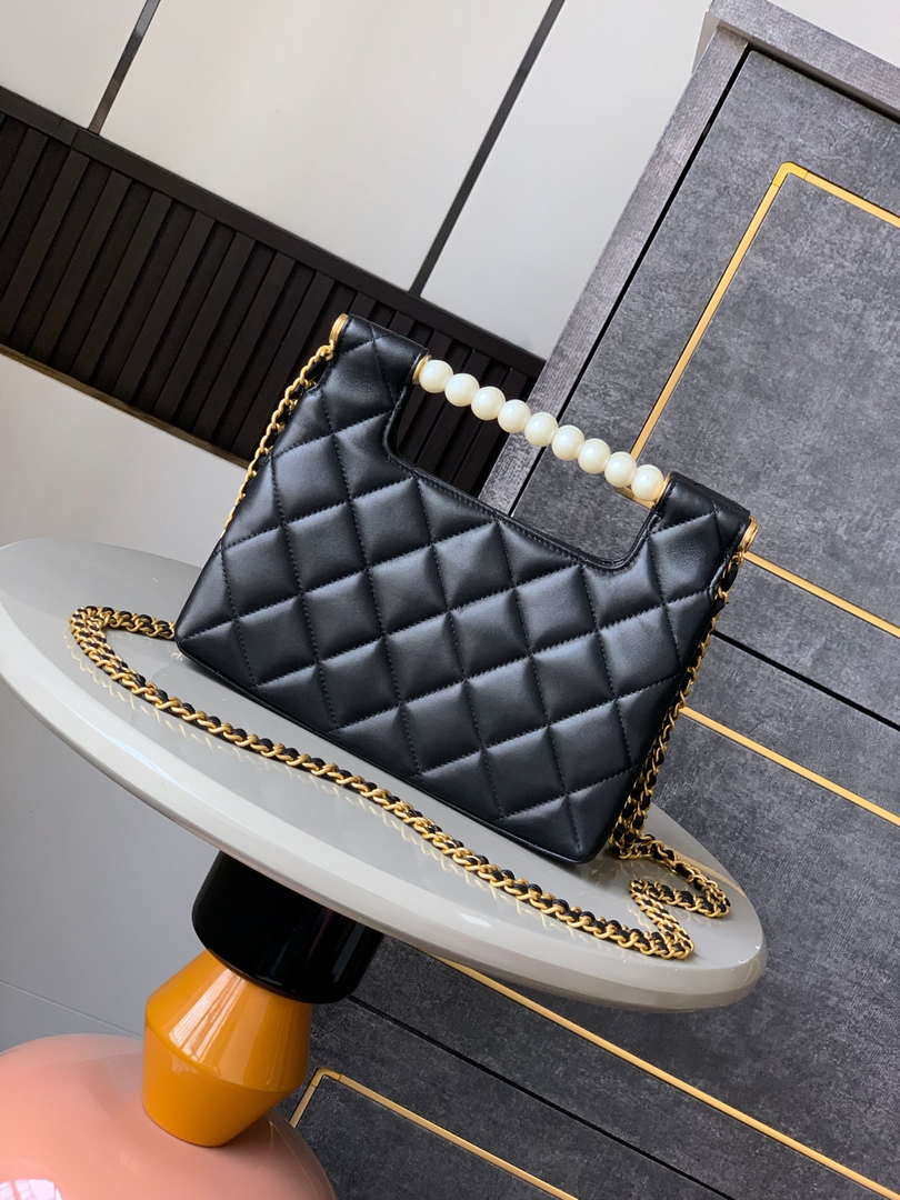 Chanel AS5413 25P Limited Edition Pearl Small Tote  Bag Black Lambskin