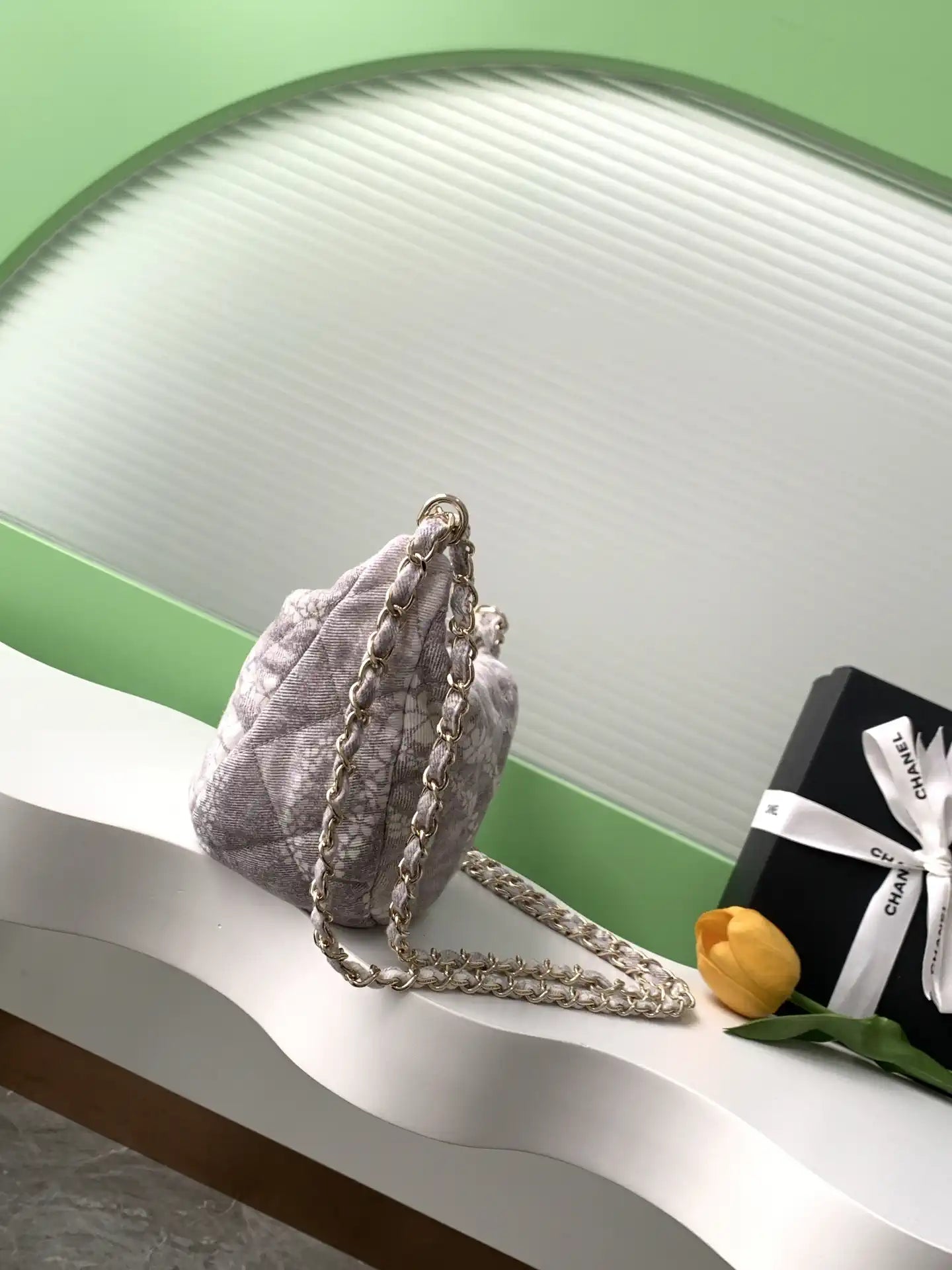 Chanel AS5431 Large Hobo Bag Printed Denim Gray & White
