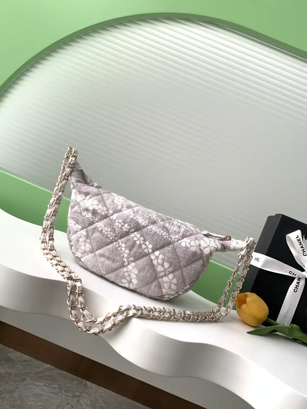 Chanel AS5431 Large Hobo Bag Printed Denim Gray & White
