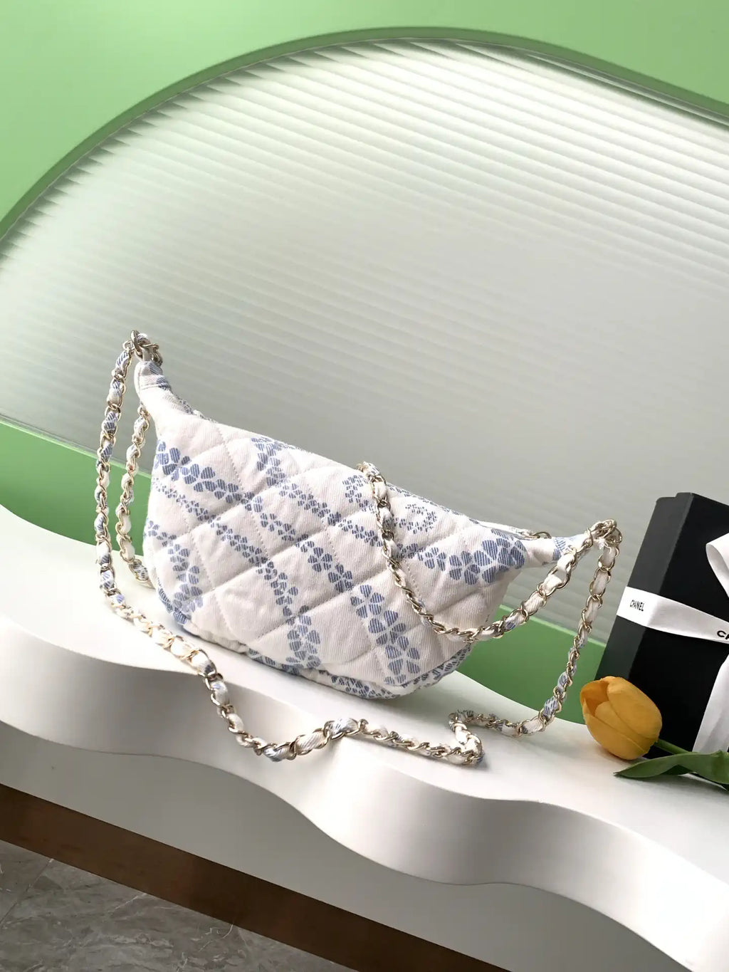 Chanel AS5431 Large Hobo Bag Printed Denim Light Blue & White