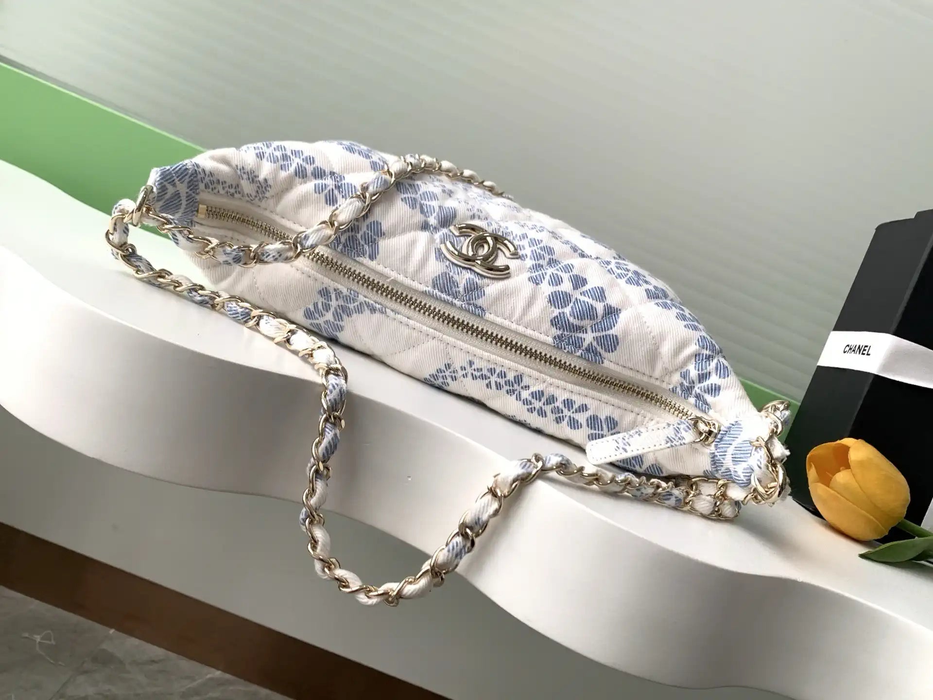 Chanel AS5431 Large Hobo Bag Printed Denim Light Blue & White