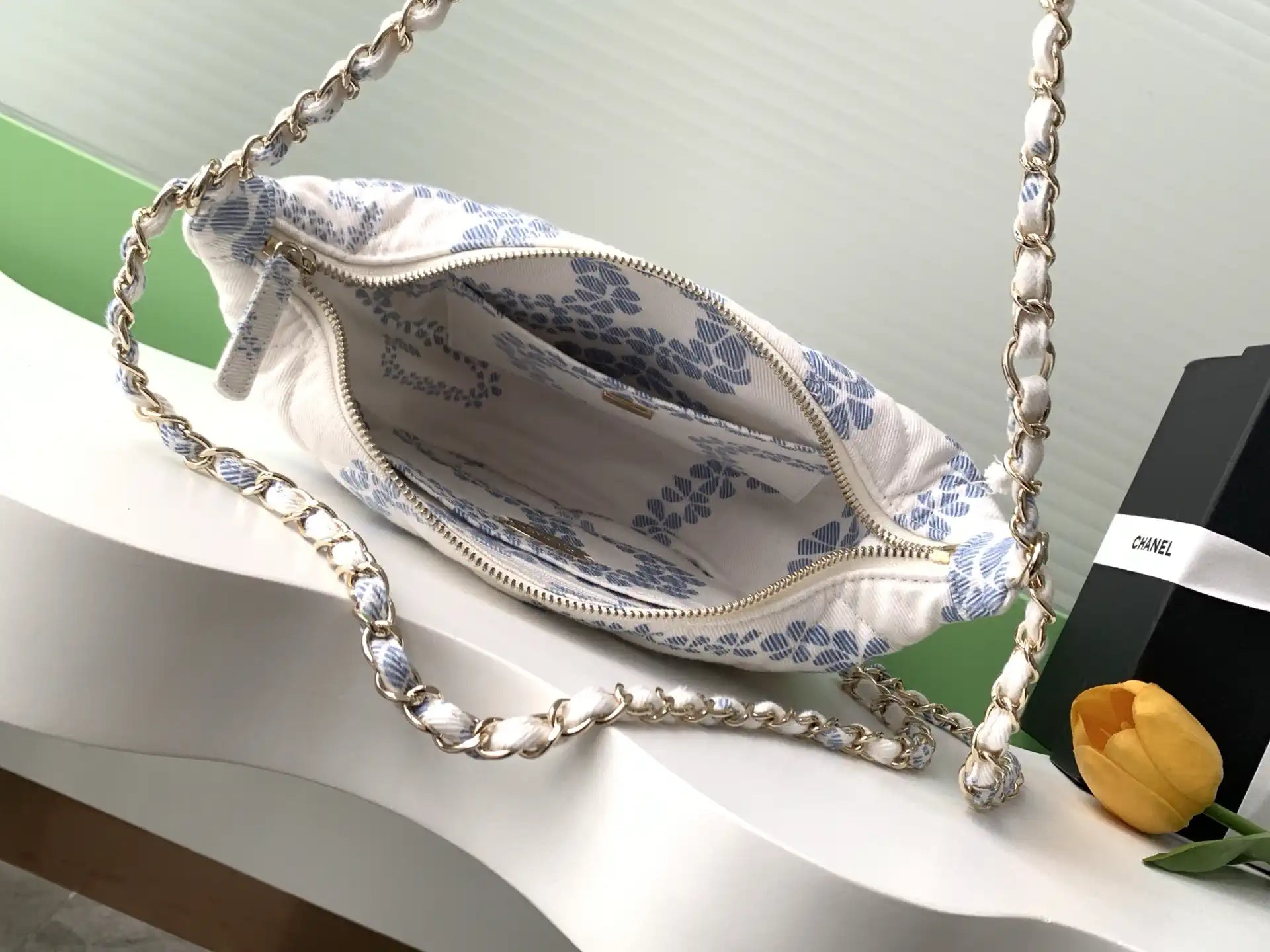 Chanel AS5431 Large Hobo Bag Printed Denim Light Blue & White
