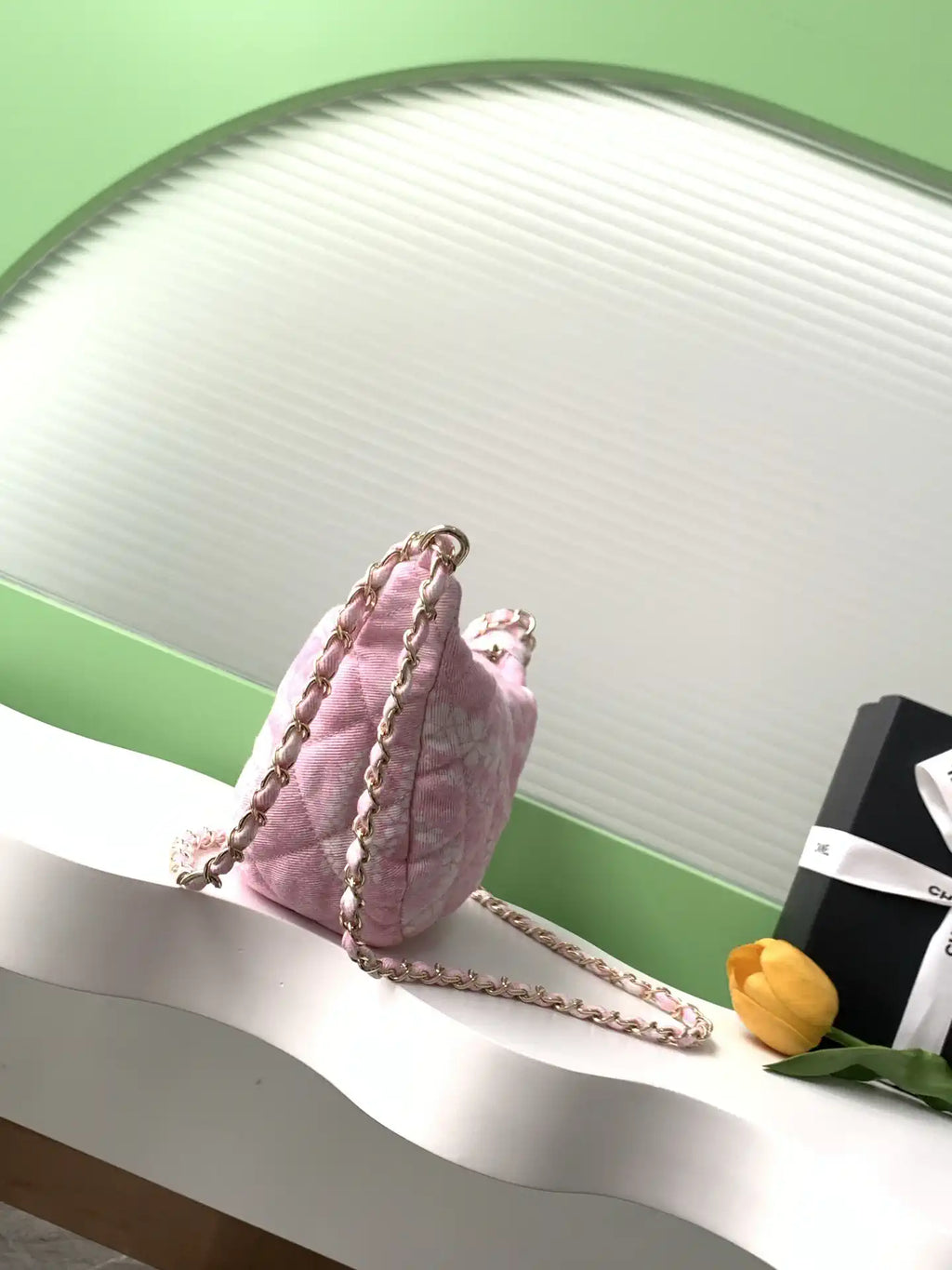 Chanel AS5431 Large Hobo Bag Printed Denim Light Pink & White