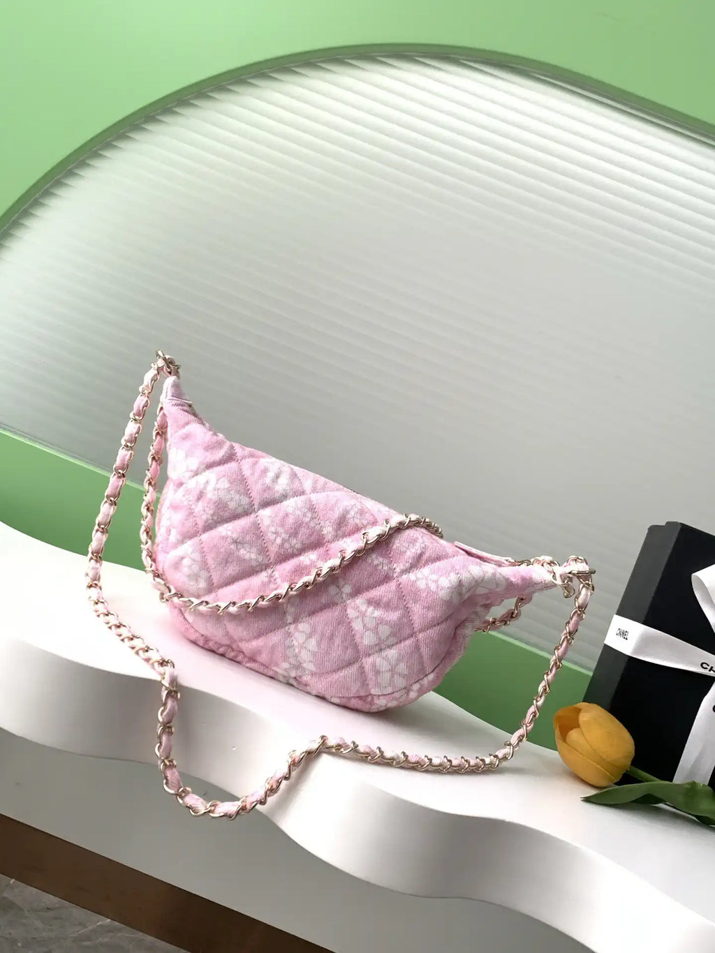 Chanel AS5431 Large Hobo Bag Printed Denim Light Pink & White