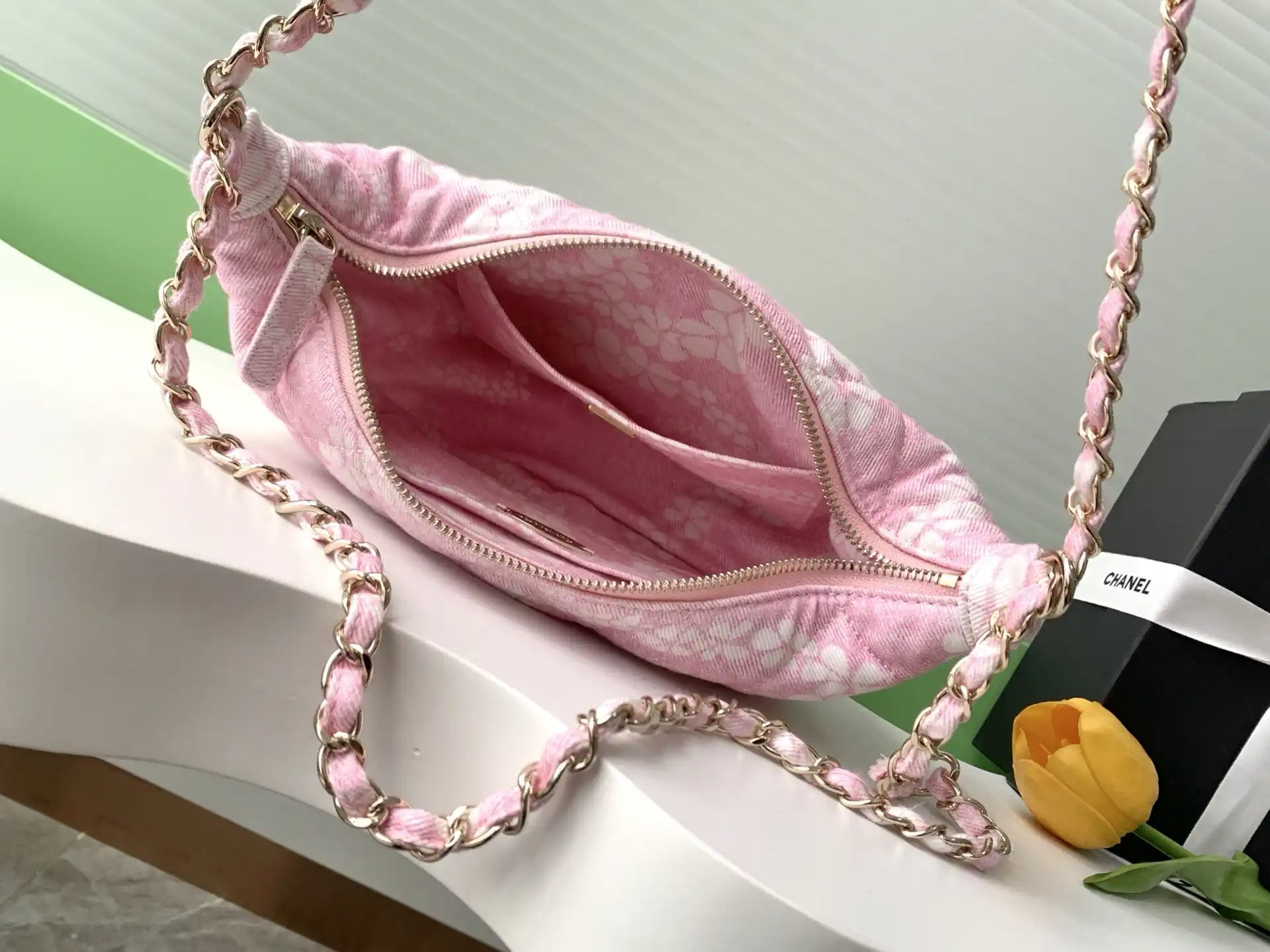 Chanel AS5431 Large Hobo Bag Printed Denim Light Pink & White
