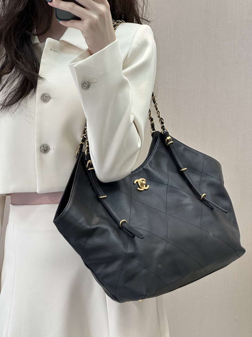 Chanel AS5466 25SS Large Shopping Bag  Calfskin & Gold-Tone Metal  Black