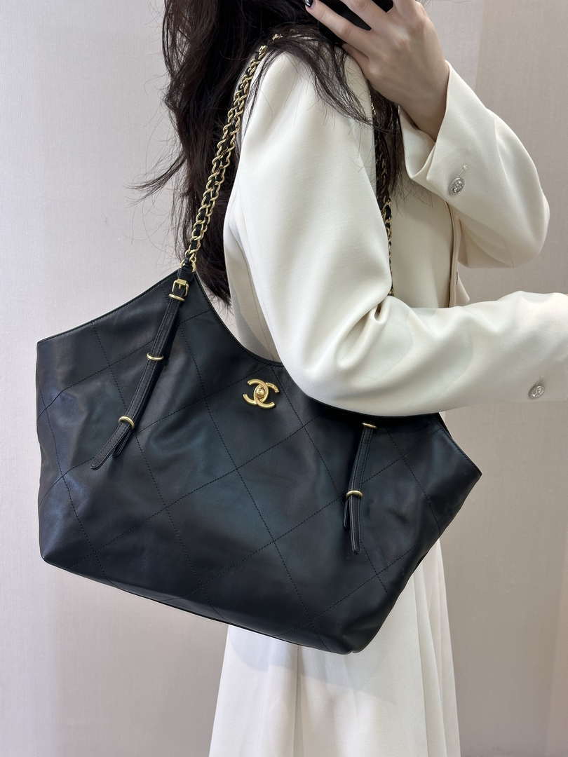 Chanel AS5466 25SS Large Shopping Bag  Calfskin & Gold-Tone Metal  Black