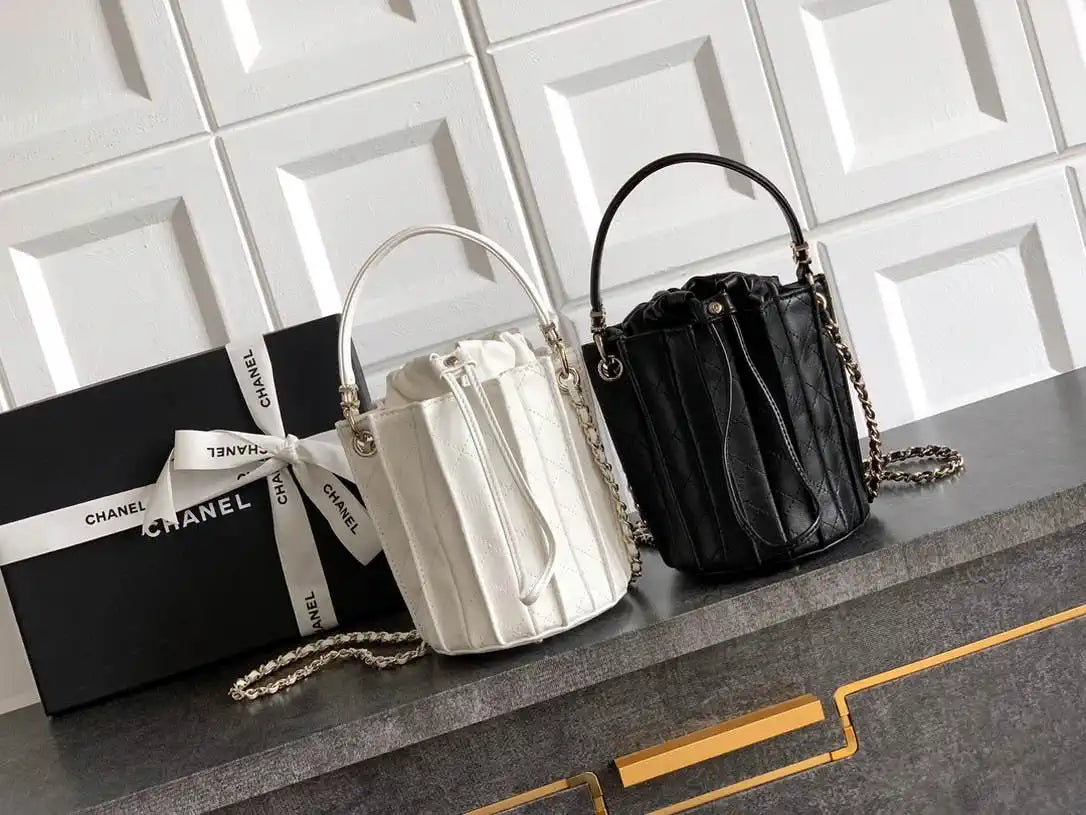 Chanel AS5486 Mini Bucket Bag Lambskin & Gold-Tone Metal White