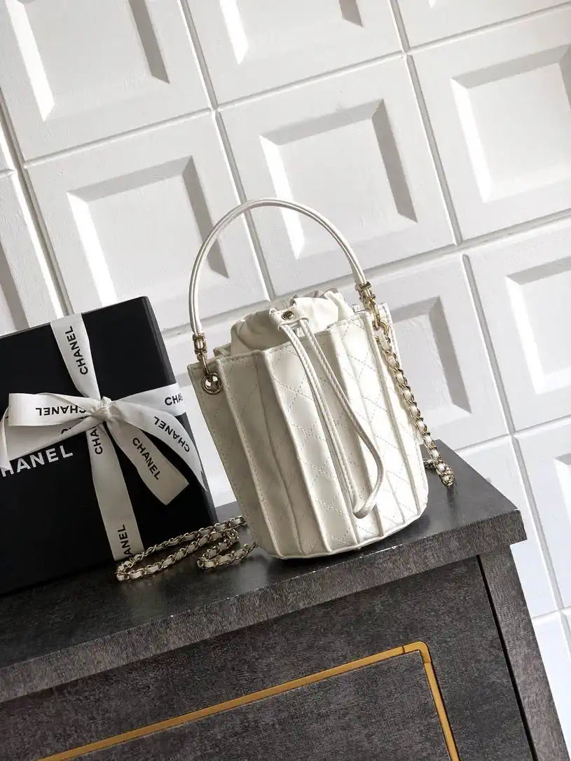 Chanel AS5486 Mini Bucket Bag Lambskin & Gold-Tone Metal White