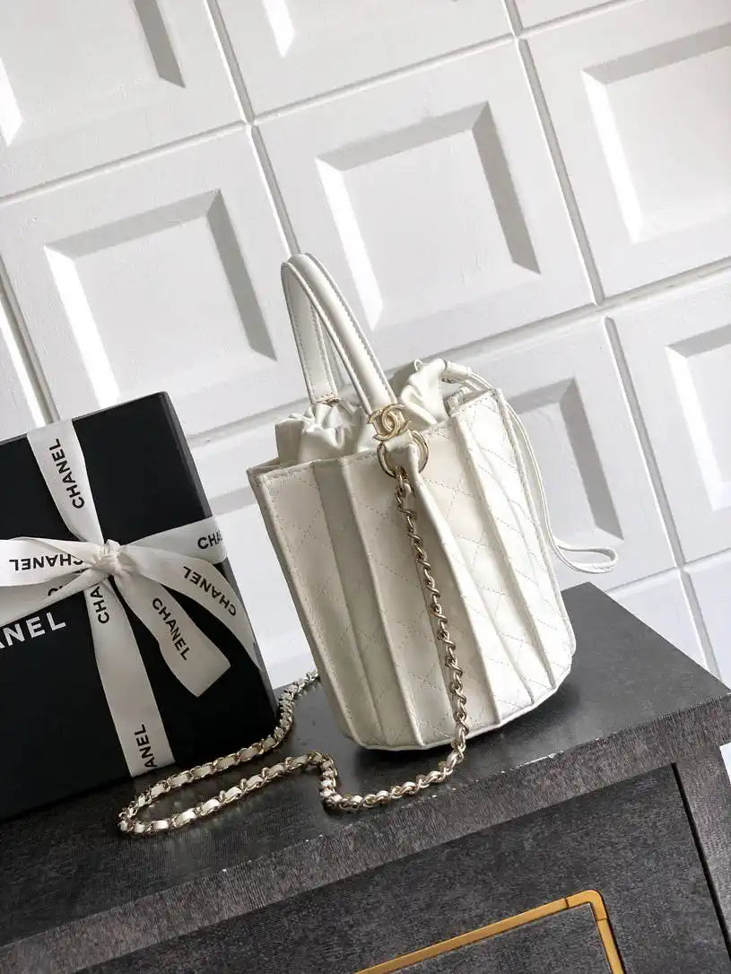 Chanel AS5486 Mini Bucket Bag Lambskin & Gold-Tone Metal White