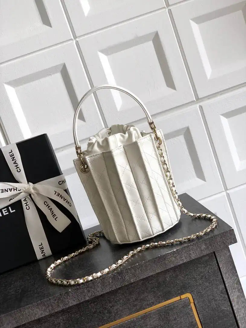 Chanel AS5486 Mini Bucket Bag Lambskin & Gold-Tone Metal White