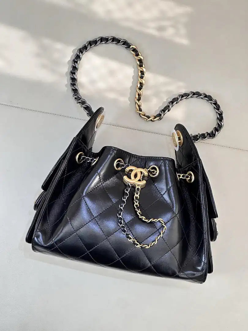 Chanel AS5631 Mini Hobo Black Lambskin & Silver Gold-Tone Metal