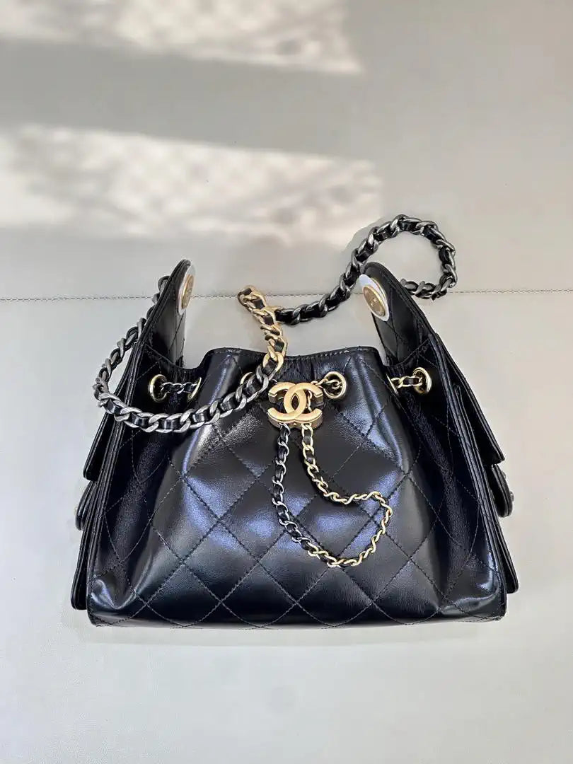 Chanel AS5631 Mini Hobo Black Lambskin & Silver Gold-Tone Metal