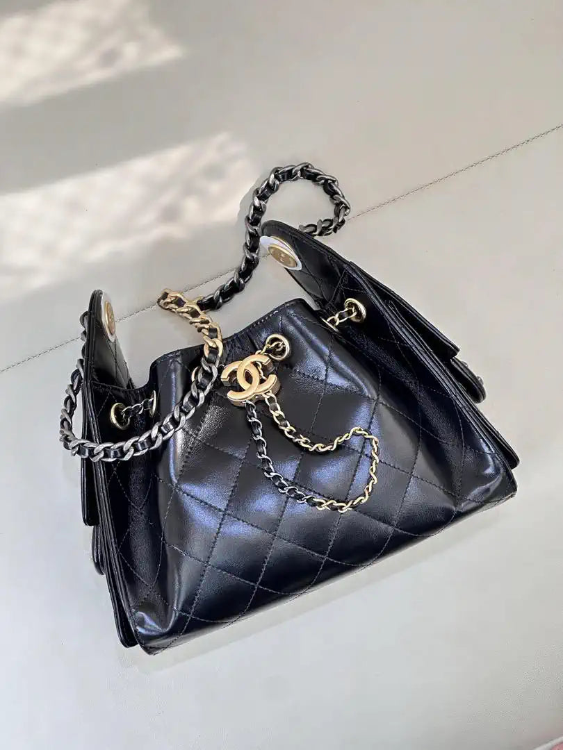 Chanel AS5631 Mini Hobo Black Lambskin & Silver Gold-Tone Metal