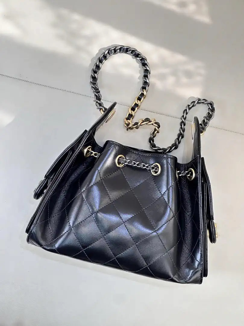 Chanel AS5631 Mini Hobo Black Lambskin & Silver Gold-Tone Metal