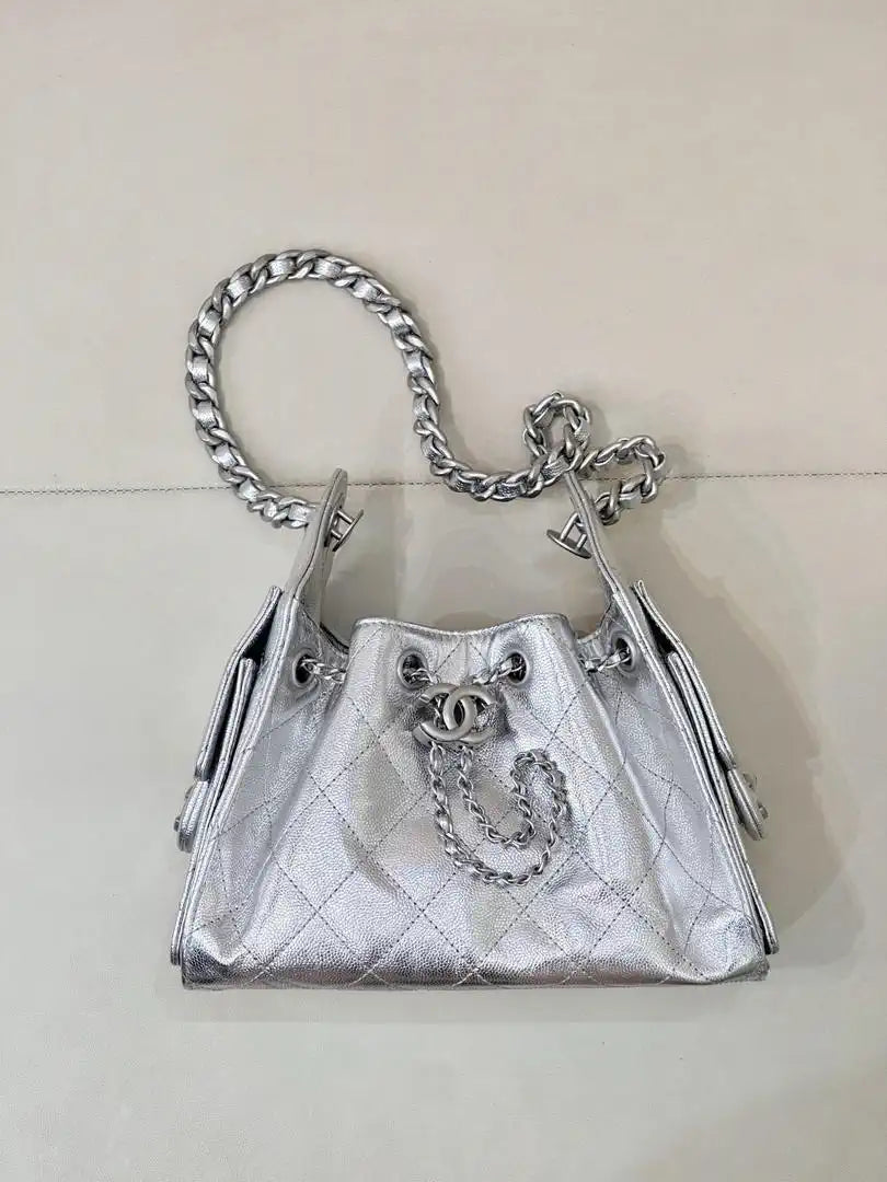 Chanel AS5631 Mini Hobo Calfskin & Silver-Tone Metal Silver