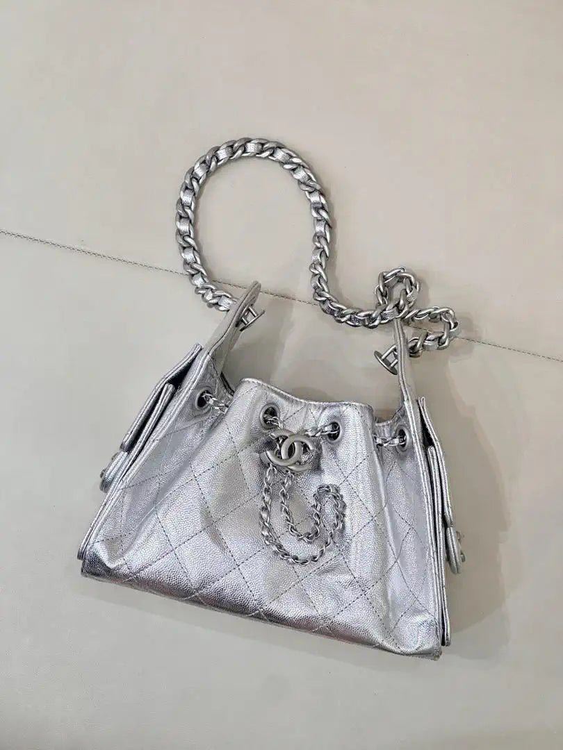Chanel AS5631 Mini Hobo Calfskin & Silver-Tone Metal Silver