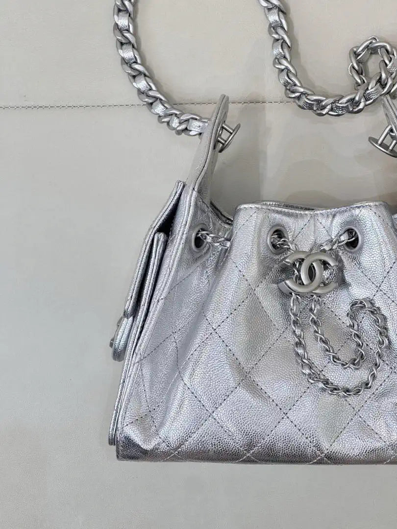 Chanel AS5631 Mini Hobo Calfskin & Silver-Tone Metal Silver