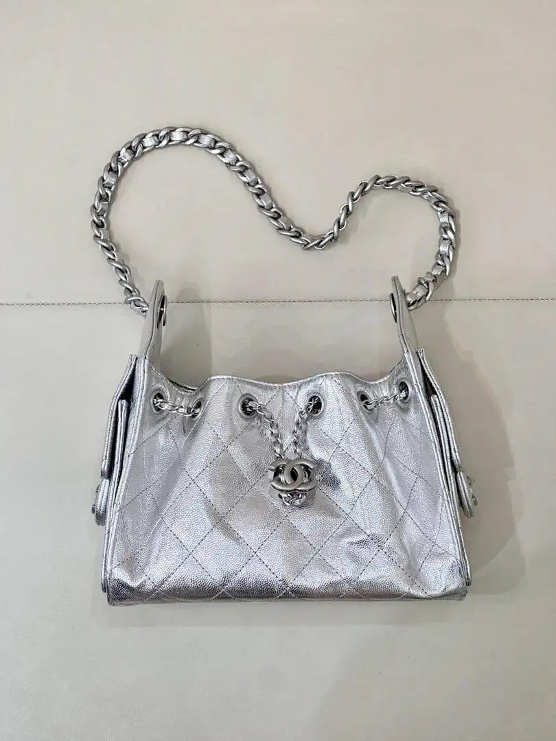 Chanel AS5631 Mini Hobo Calfskin & Silver-Tone Metal Silver