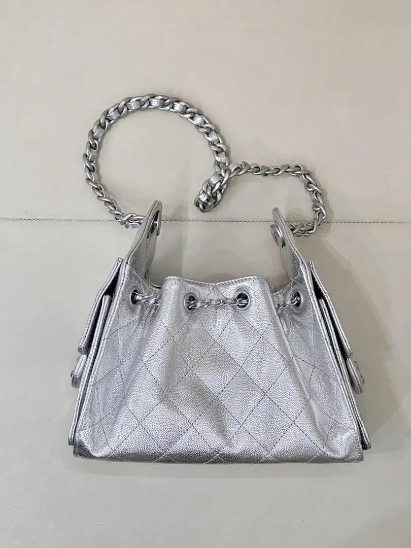 Chanel AS5631 Mini Hobo Calfskin & Silver-Tone Metal Silver