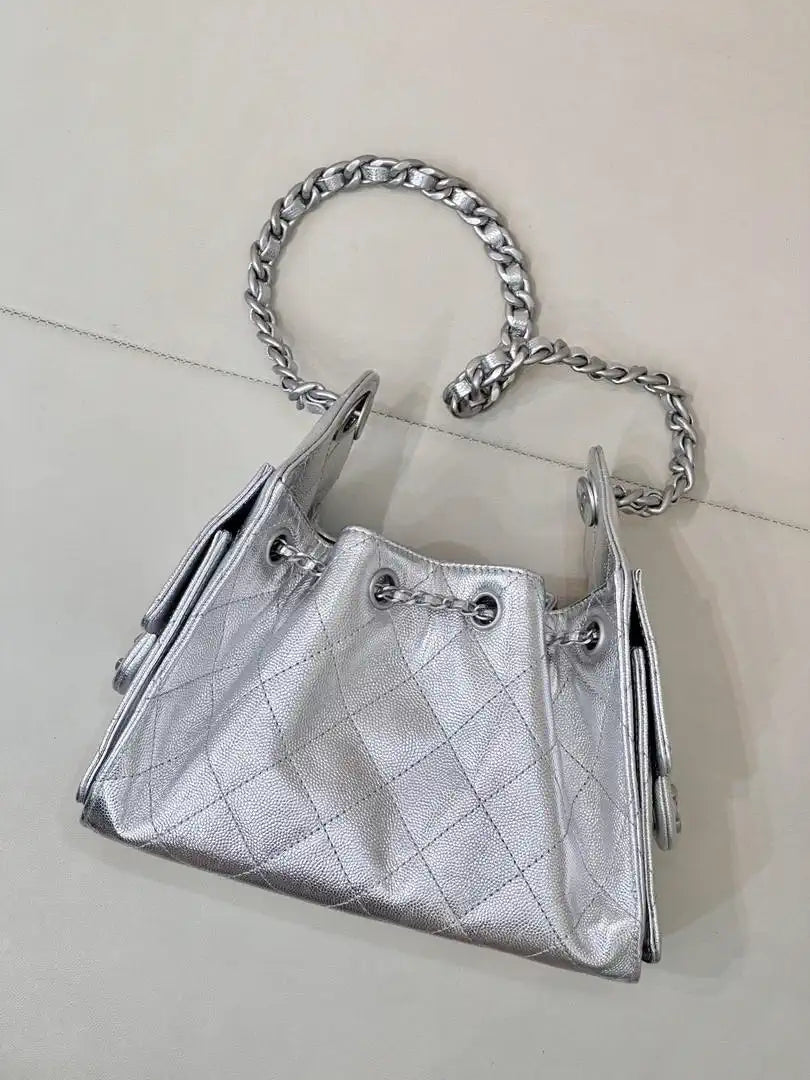 Chanel AS5631 Mini Hobo Calfskin & Silver-Tone Metal Silver