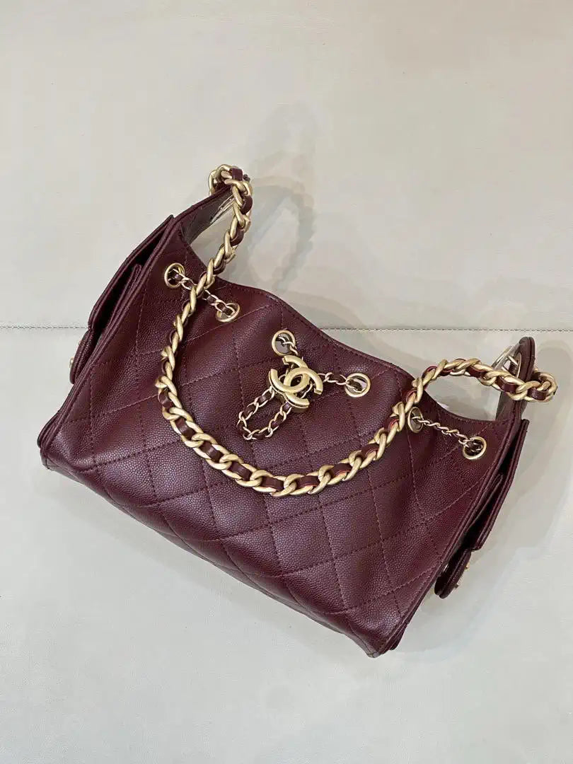 Chanel AS5631 Mini Hobo Calfskin & Gold-Tone Metal Wine Red