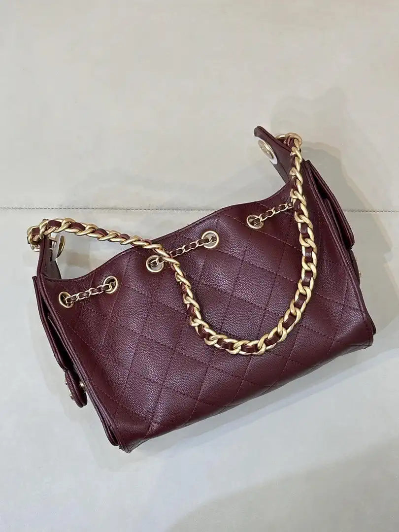 Chanel AS5631 Mini Hobo Calfskin & Gold-Tone Metal Wine Red
